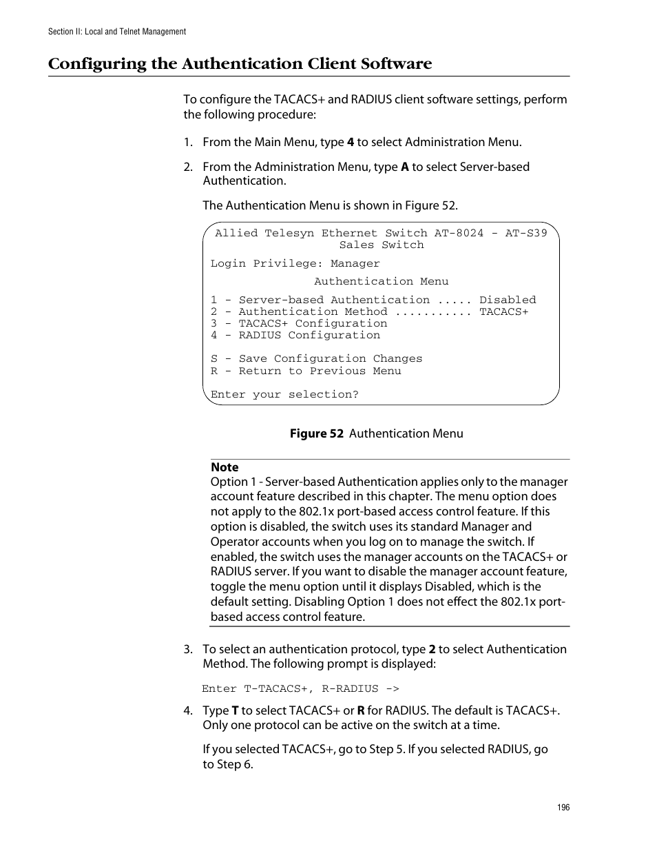 Configuring the authentication client software, Figure 52: authentication menu | Allied Telesis AT-S39 User Manual | Page 196 / 343