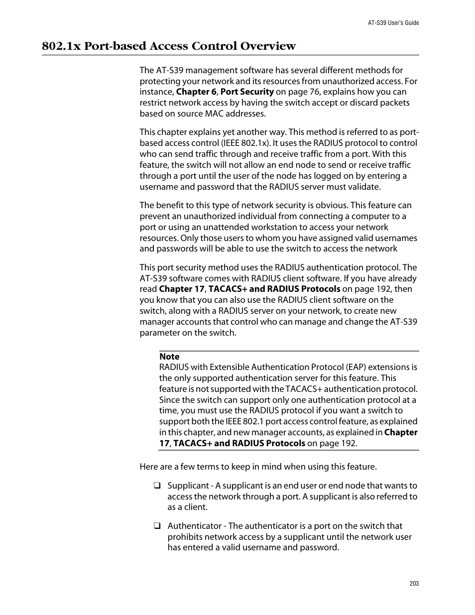 1x port-based access control overview | Allied Telesis AT-S39 User Manual | Page 203 / 343