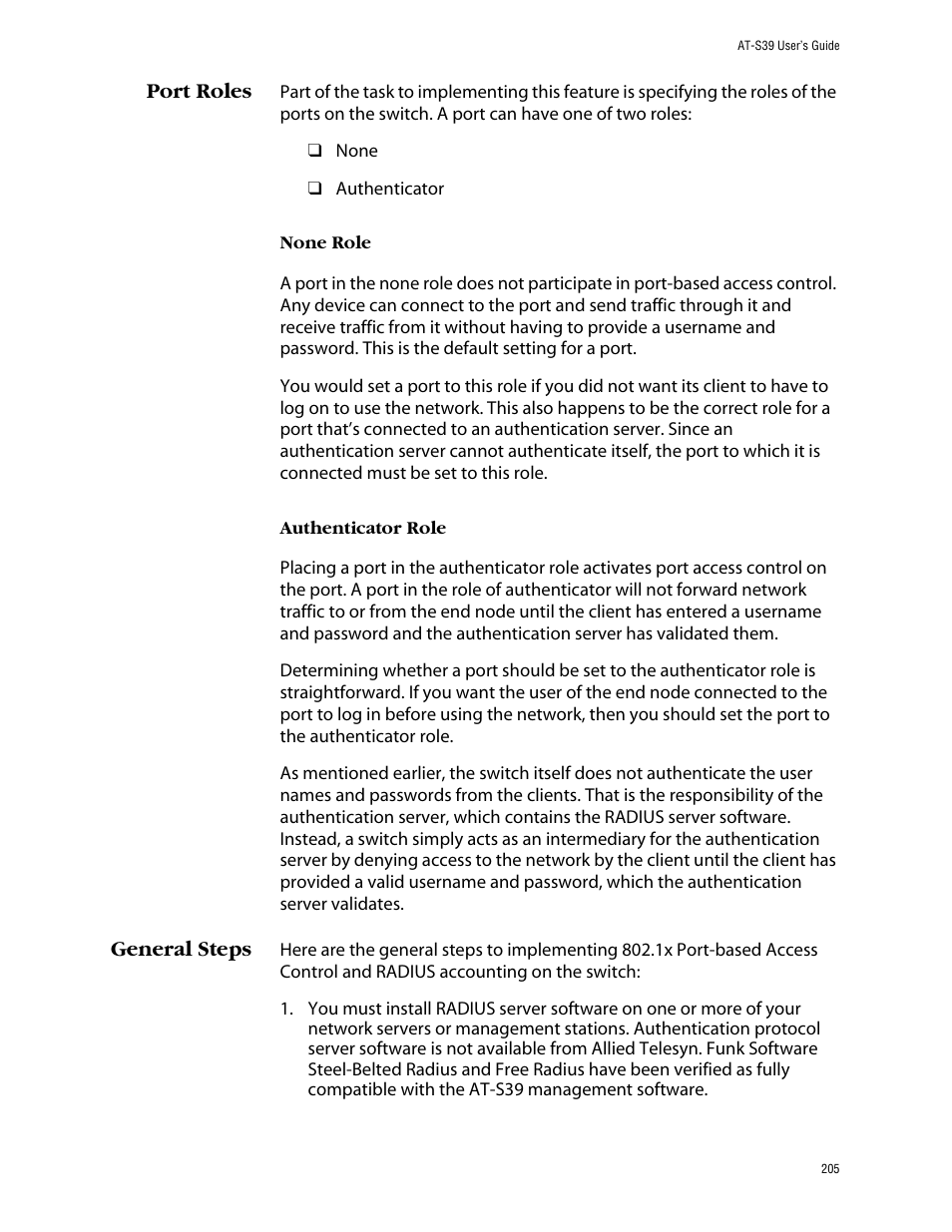 Port roles, General steps, Port roles general steps | Allied Telesis AT-S39 User Manual | Page 205 / 343