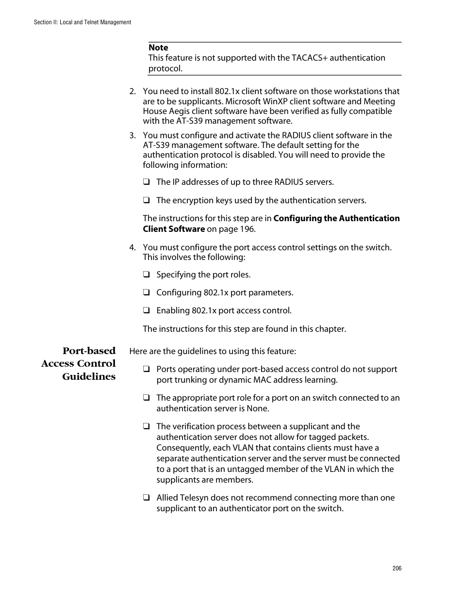 Port-based access control guidelines | Allied Telesis AT-S39 User Manual | Page 206 / 343