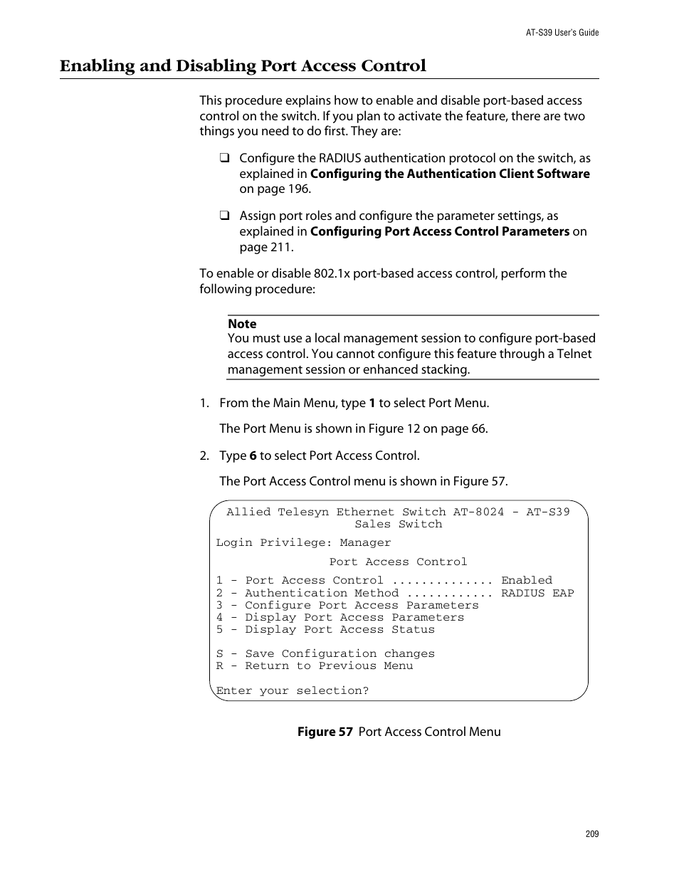 Enabling and disabling port access control, Figure 57: port access control menu | Allied Telesis AT-S39 User Manual | Page 209 / 343