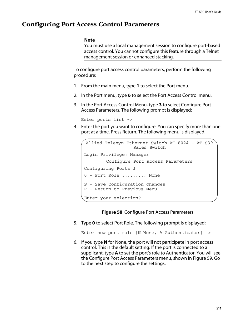 Configuring port access control parameters, Figure 58: configure port access parameters | Allied Telesis AT-S39 User Manual | Page 211 / 343