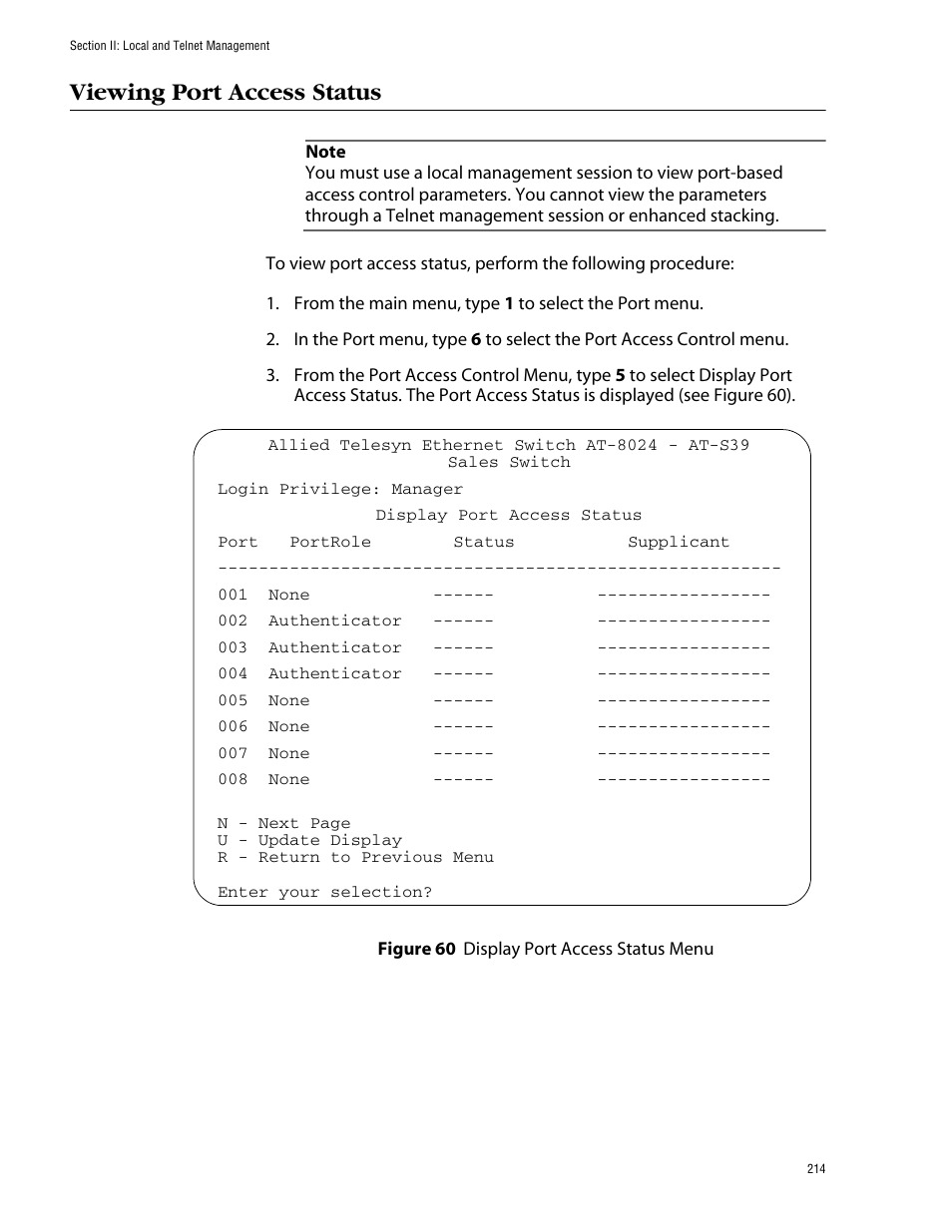 Viewing port access status, Figure 60: display port access status menu | Allied Telesis AT-S39 User Manual | Page 214 / 343