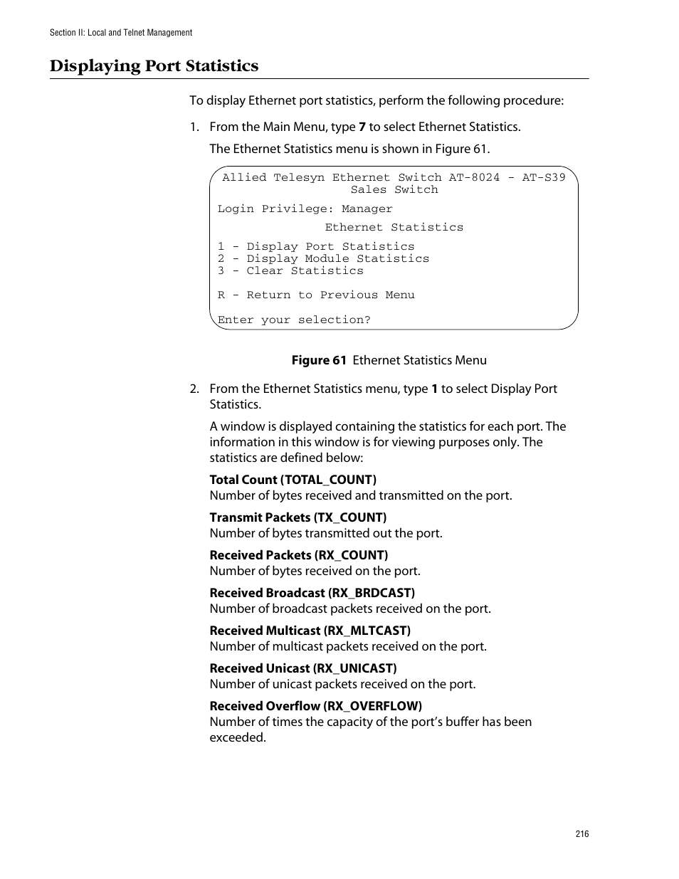 Displaying port statistics, Figure 61: ethernet statistics menu | Allied Telesis AT-S39 User Manual | Page 216 / 343