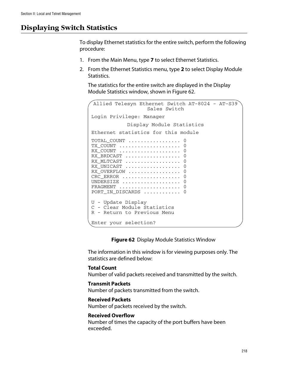 Displaying switch statistics, Figure 62: display module statistics window | Allied Telesis AT-S39 User Manual | Page 218 / 343