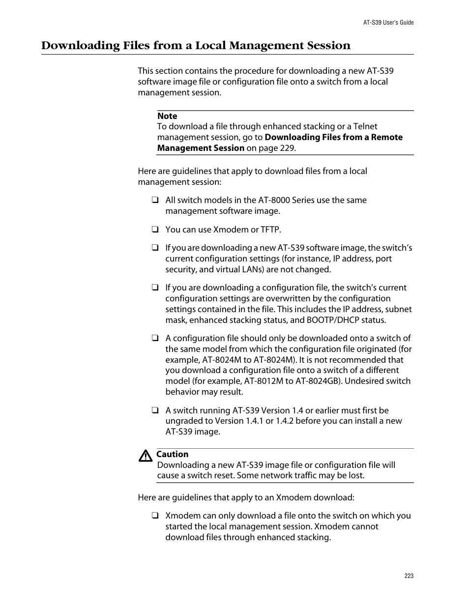 Downloading files from a local management session | Allied Telesis AT-S39 User Manual | Page 223 / 343