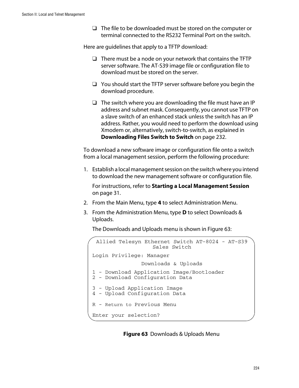 Figure 63: downloads & uploads menu | Allied Telesis AT-S39 User Manual | Page 224 / 343