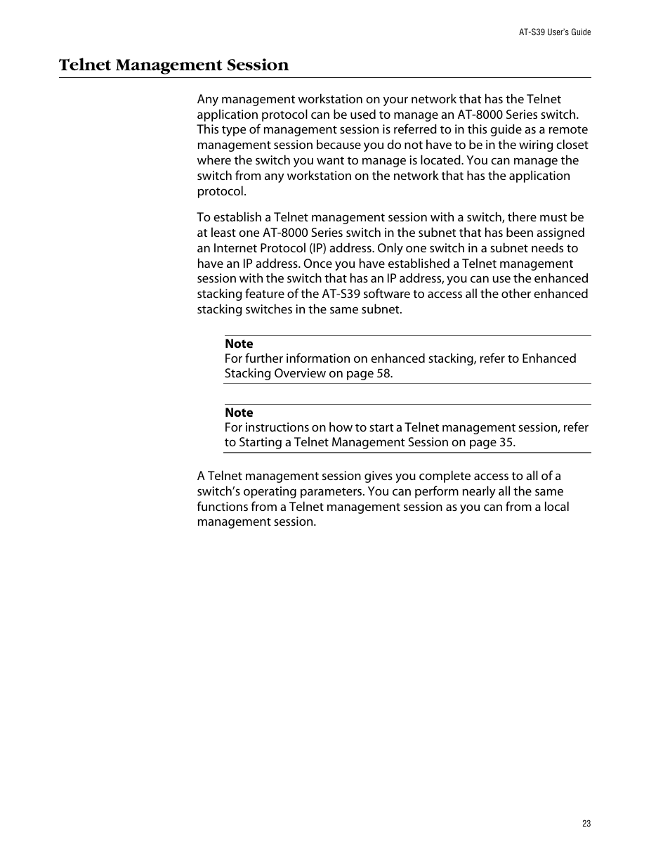 Telnet management session | Allied Telesis AT-S39 User Manual | Page 23 / 343