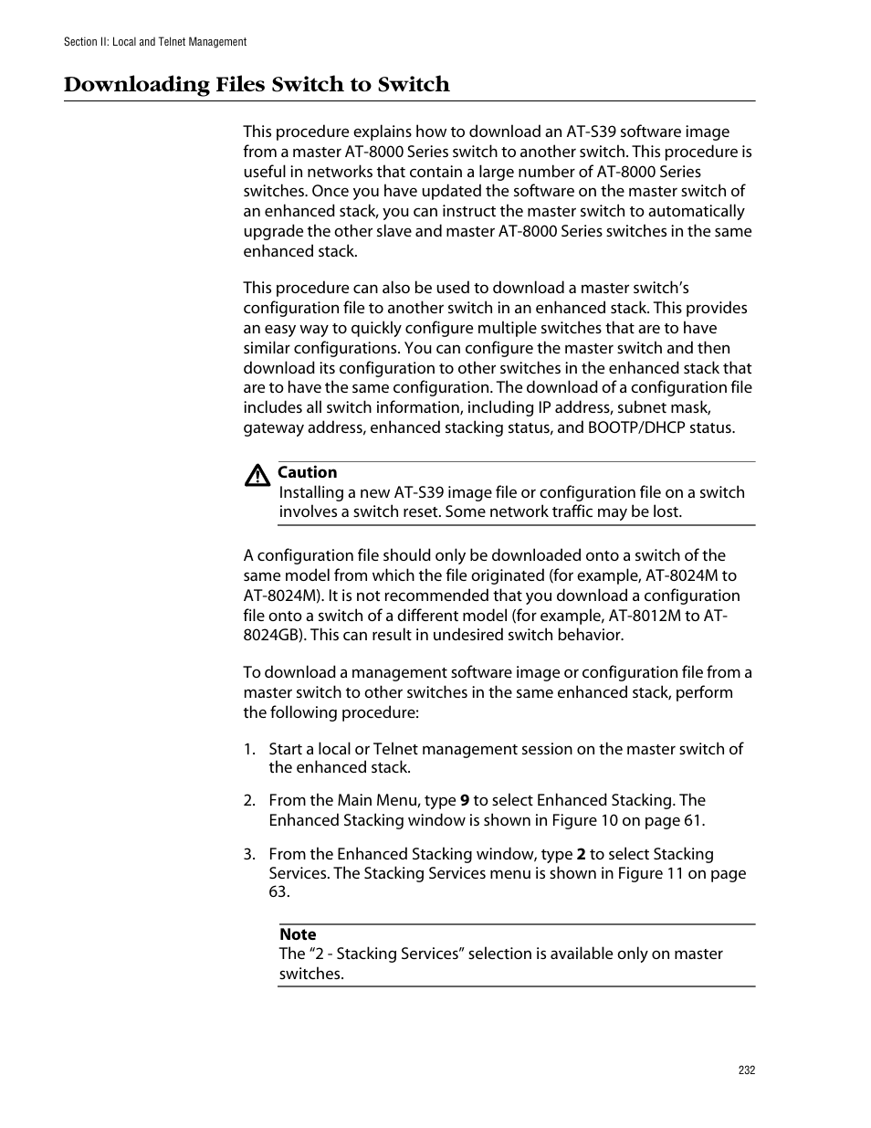 Downloading files switch to switch | Allied Telesis AT-S39 User Manual | Page 232 / 343