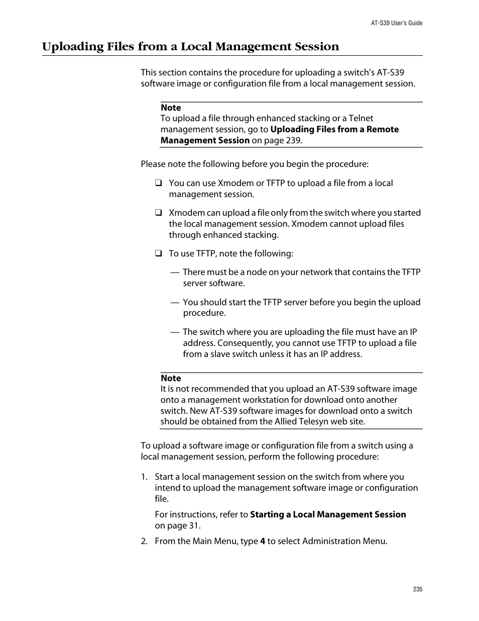 Uploading files from a local management session | Allied Telesis AT-S39 User Manual | Page 235 / 343