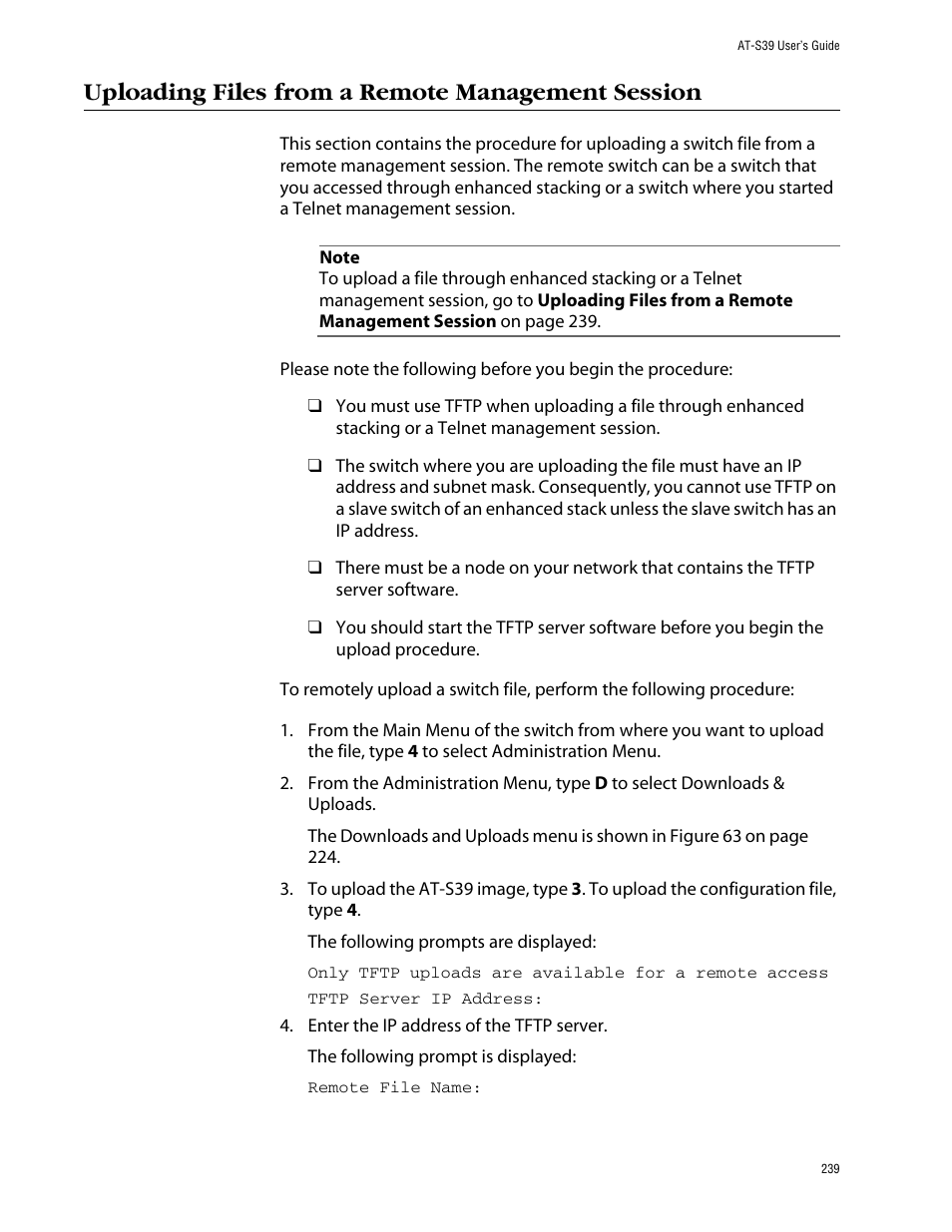 Uploading files from a remote management session | Allied Telesis AT-S39 User Manual | Page 239 / 343