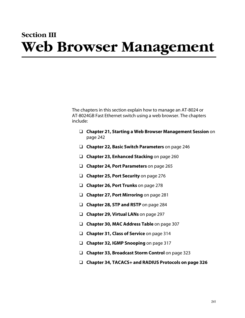 Section iii, Web browser management, Section iii web browser management | Allied Telesis AT-S39 User Manual | Page 241 / 343