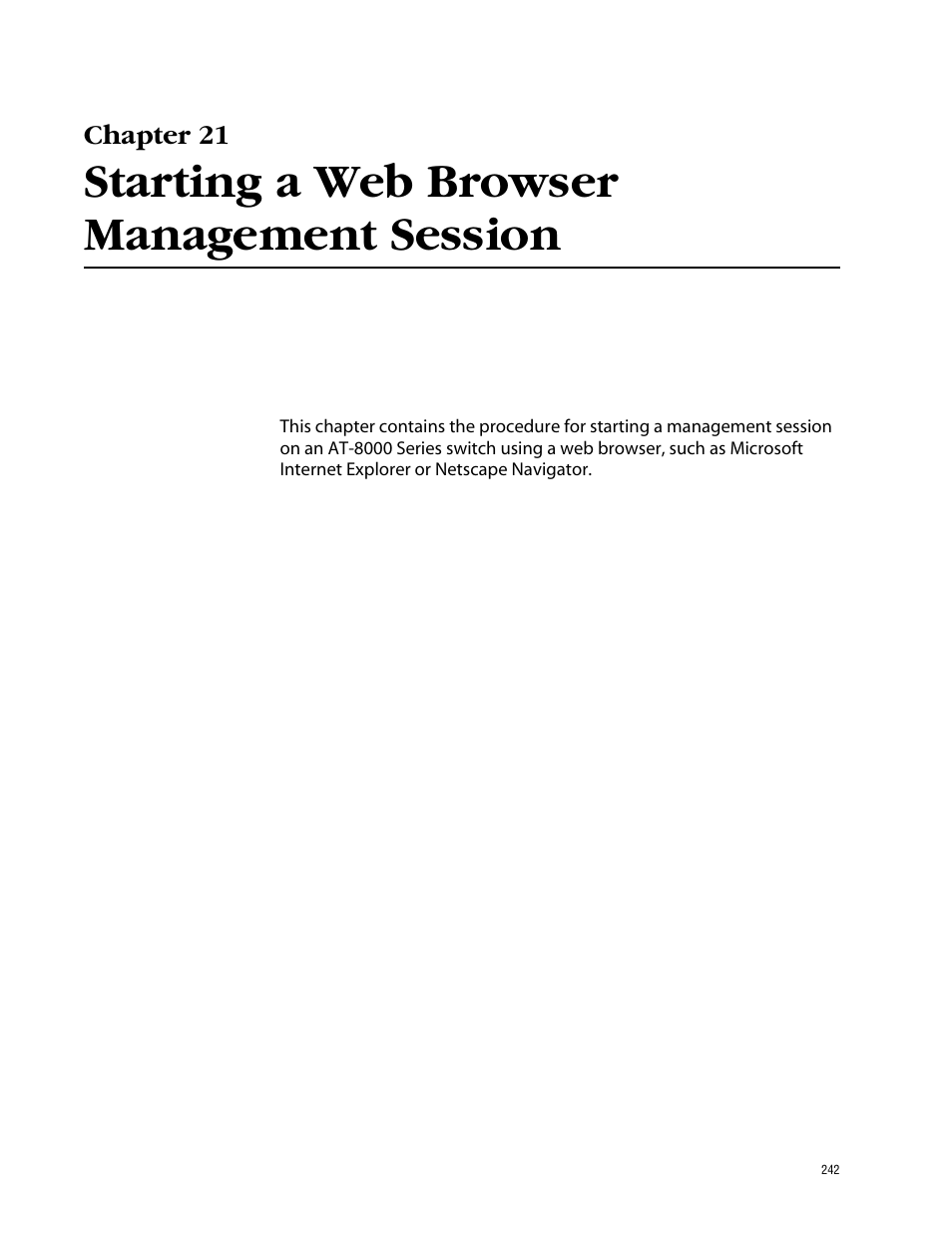 Chapter 21, Starting a web browser management session | Allied Telesis AT-S39 User Manual | Page 242 / 343