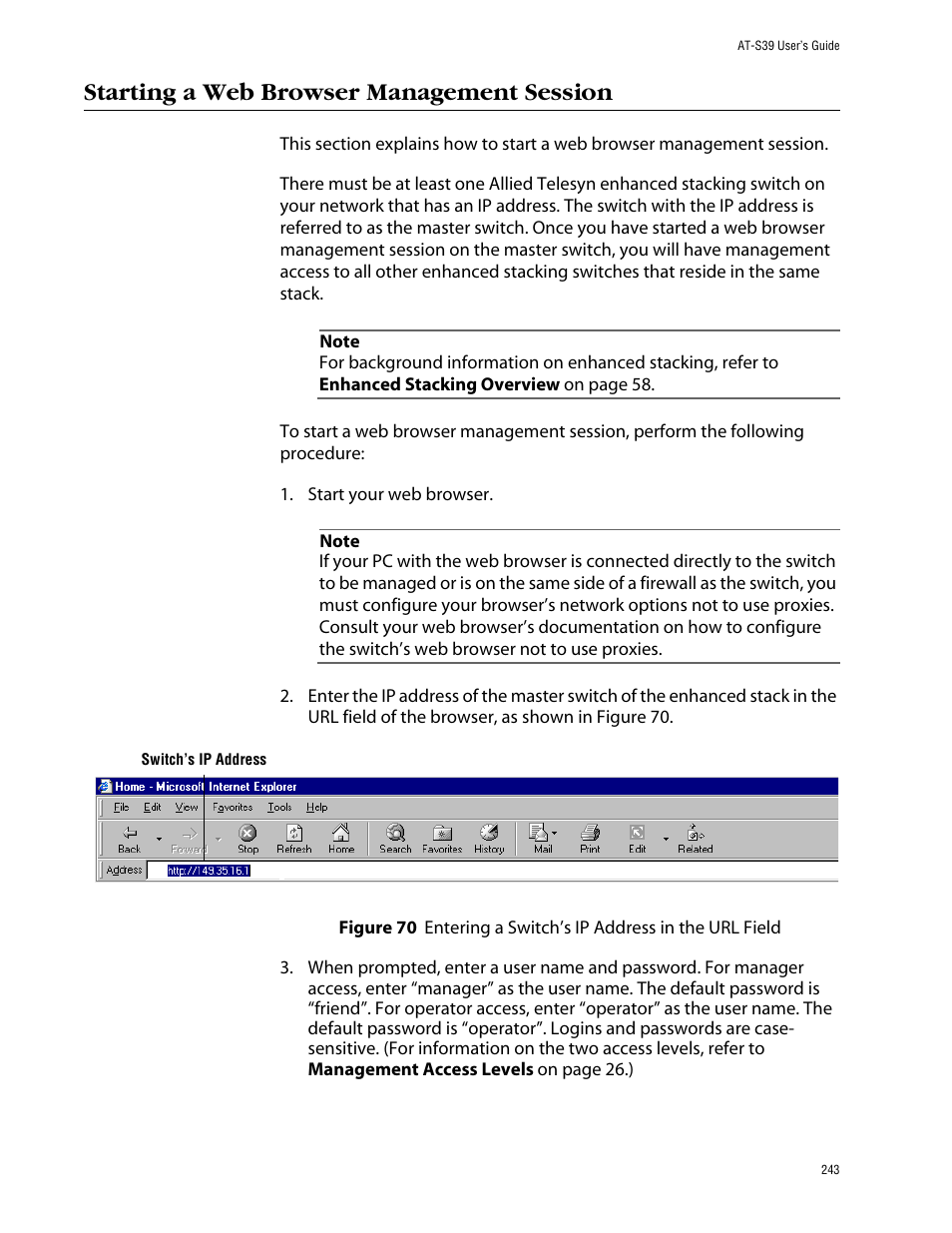 Starting a web browser management session | Allied Telesis AT-S39 User Manual | Page 243 / 343