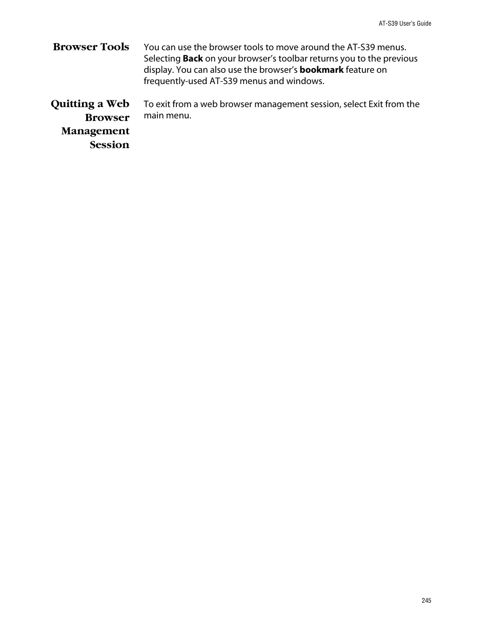 Browser tools, Quitting a web browser management session | Allied Telesis AT-S39 User Manual | Page 245 / 343