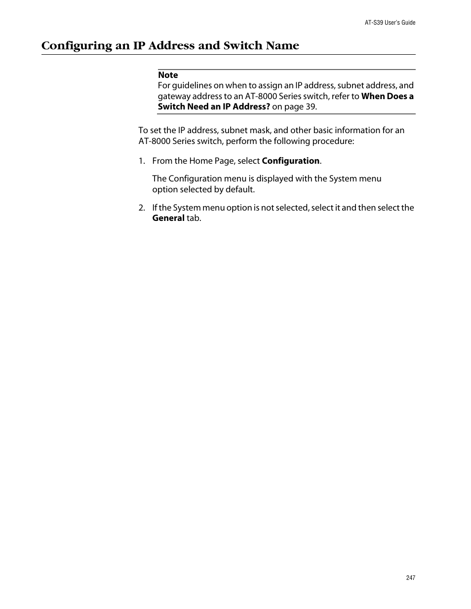 Configuring an ip address and switch name | Allied Telesis AT-S39 User Manual | Page 247 / 343