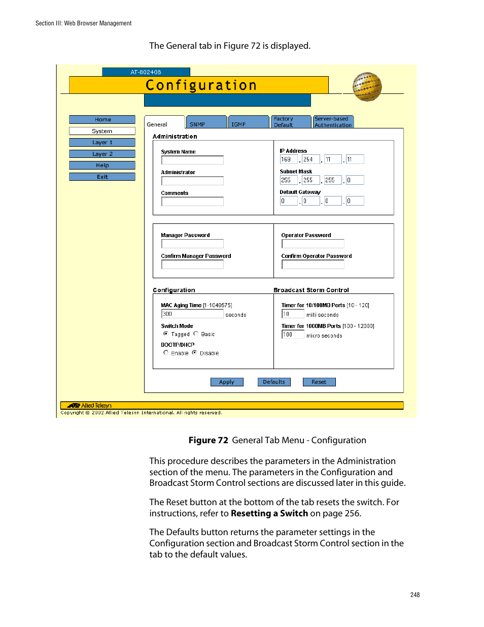 Figure 72: general tab menu - configuration | Allied Telesis AT-S39 User Manual | Page 248 / 343