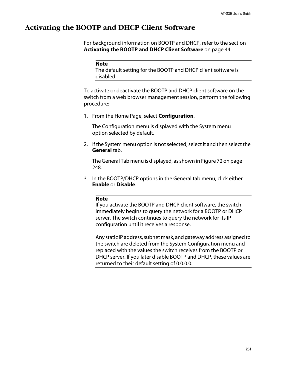 Activating the bootp and dhcp client software | Allied Telesis AT-S39 User Manual | Page 251 / 343