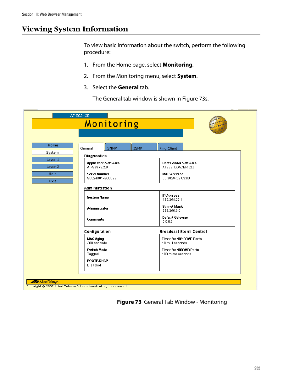 Viewing system information, Figure 73: general tab window - monitoring | Allied Telesis AT-S39 User Manual | Page 252 / 343