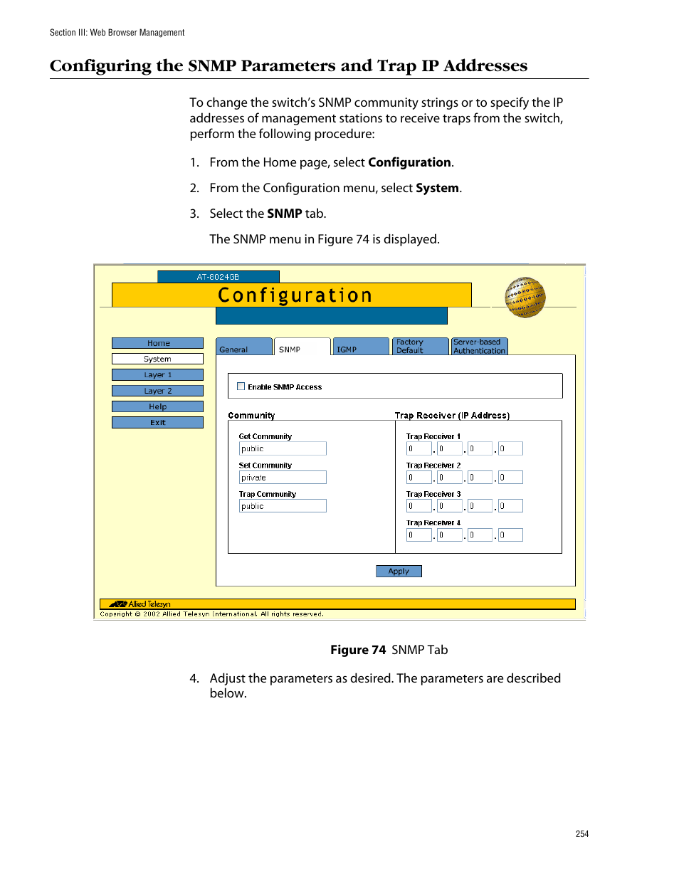 Figure 74: snmp tab | Allied Telesis AT-S39 User Manual | Page 254 / 343