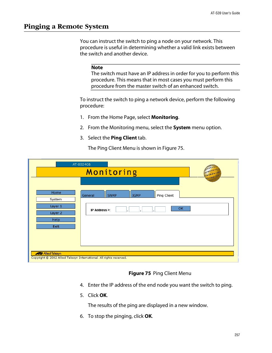 Pinging a remote system, Figure 75: ping client menu | Allied Telesis AT-S39 User Manual | Page 257 / 343