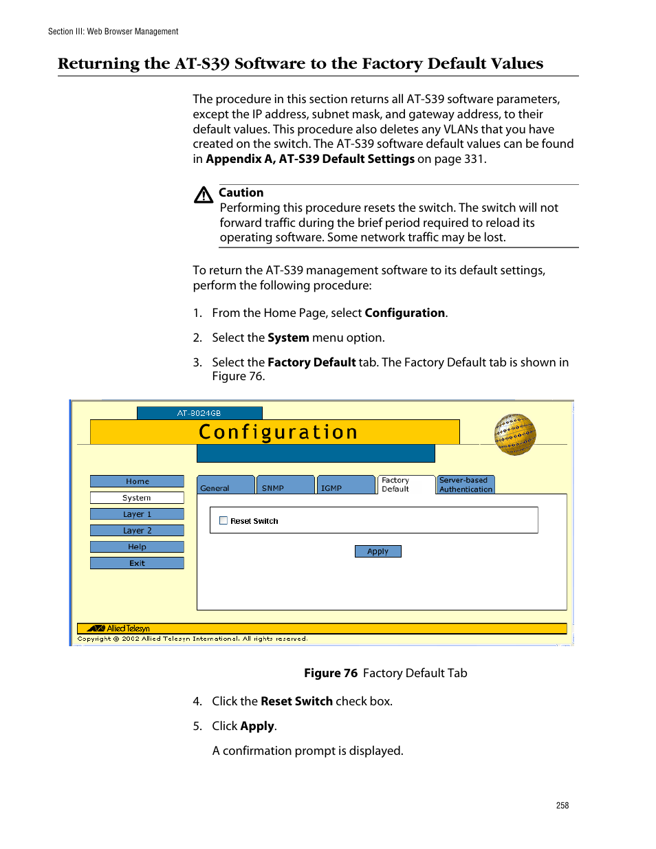 Figure 76: factory default tab | Allied Telesis AT-S39 User Manual | Page 258 / 343