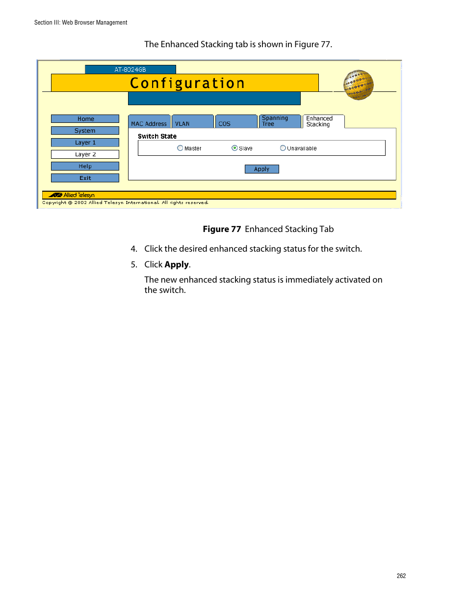 Figure 77: enhanced stacking tab | Allied Telesis AT-S39 User Manual | Page 262 / 343