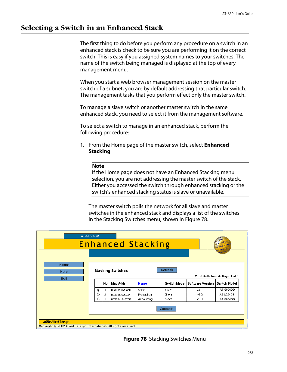 Selecting a switch in an enhanced stack, Figure 78: stacking switches menu | Allied Telesis AT-S39 User Manual | Page 263 / 343