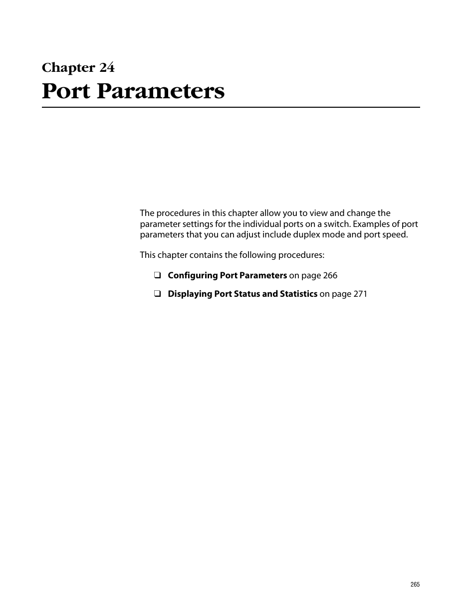 Chapter 24, Port parameters, Chapter 24 port parameters | Allied Telesis AT-S39 User Manual | Page 265 / 343