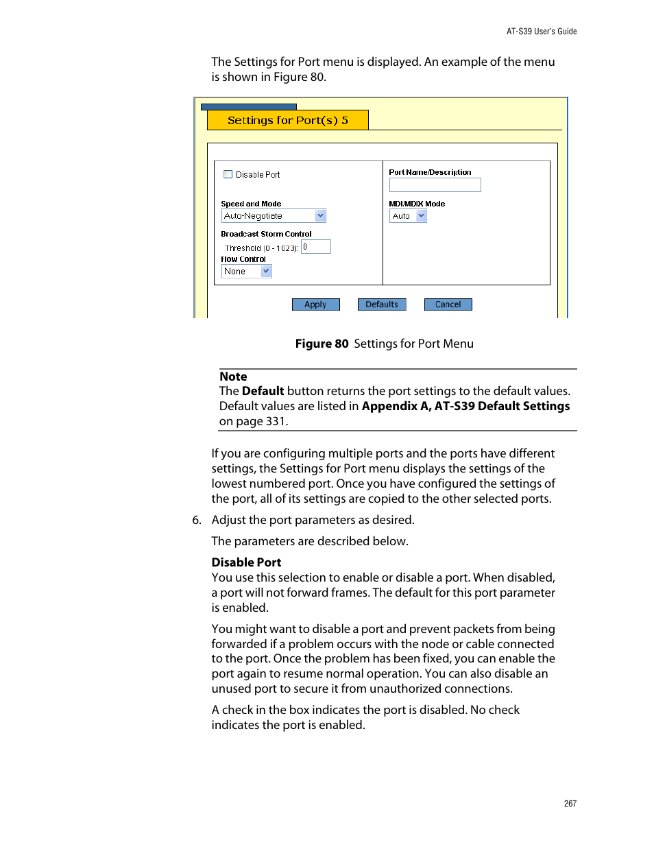 Figure 80: settings for port menu | Allied Telesis AT-S39 User Manual | Page 267 / 343