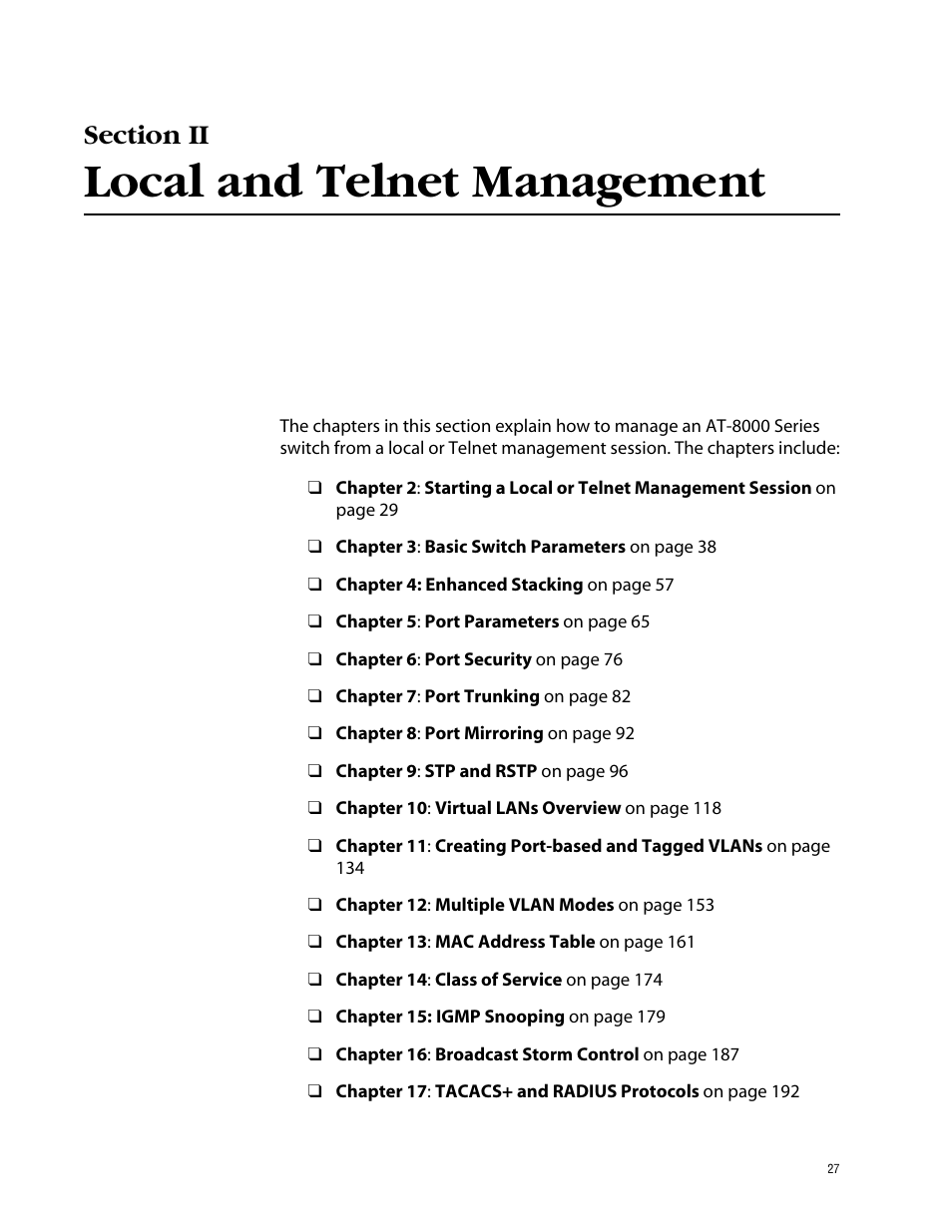 Section ii, Local and telnet management, Section ii local and telnet management | Allied Telesis AT-S39 User Manual | Page 27 / 343