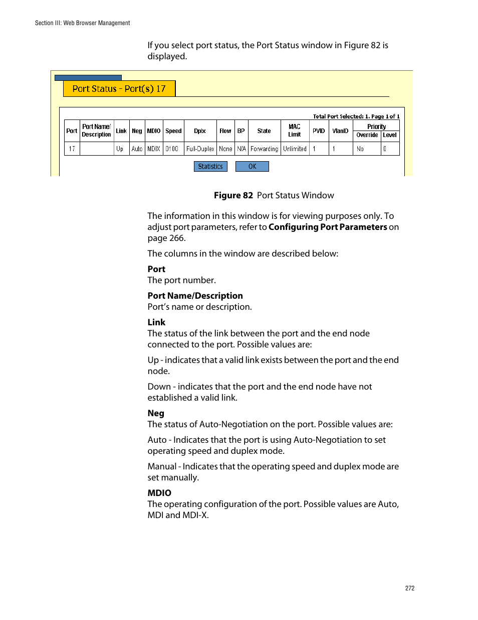 Figure 82: port status window | Allied Telesis AT-S39 User Manual | Page 272 / 343