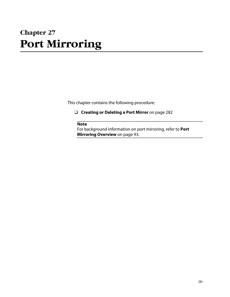 Chapter 27, Port mirroring, Chapter 27 port mirroring | Allied Telesis AT-S39 User Manual | Page 281 / 343