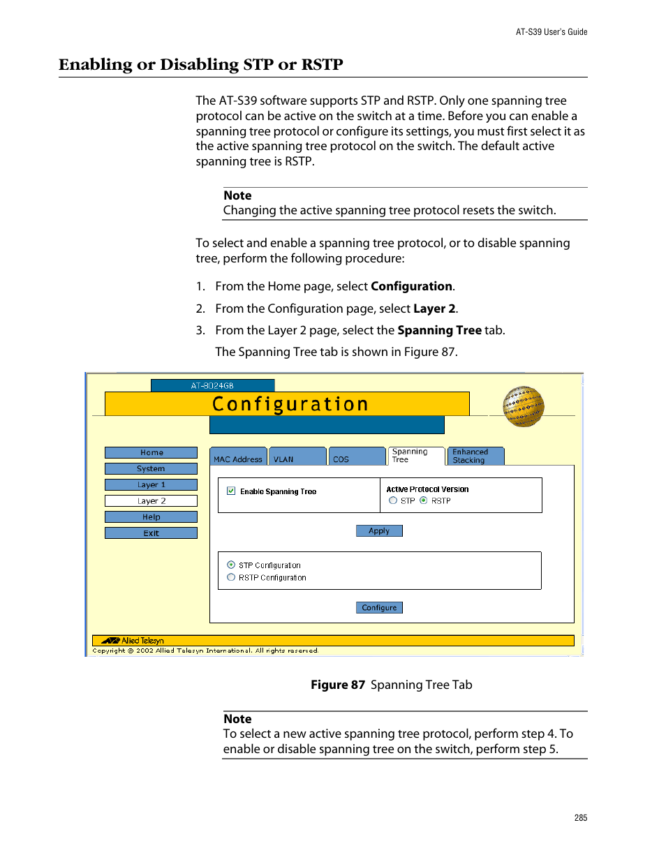 Enabling or disabling stp or rstp, Figure 87: spanning tree tab | Allied Telesis AT-S39 User Manual | Page 285 / 343