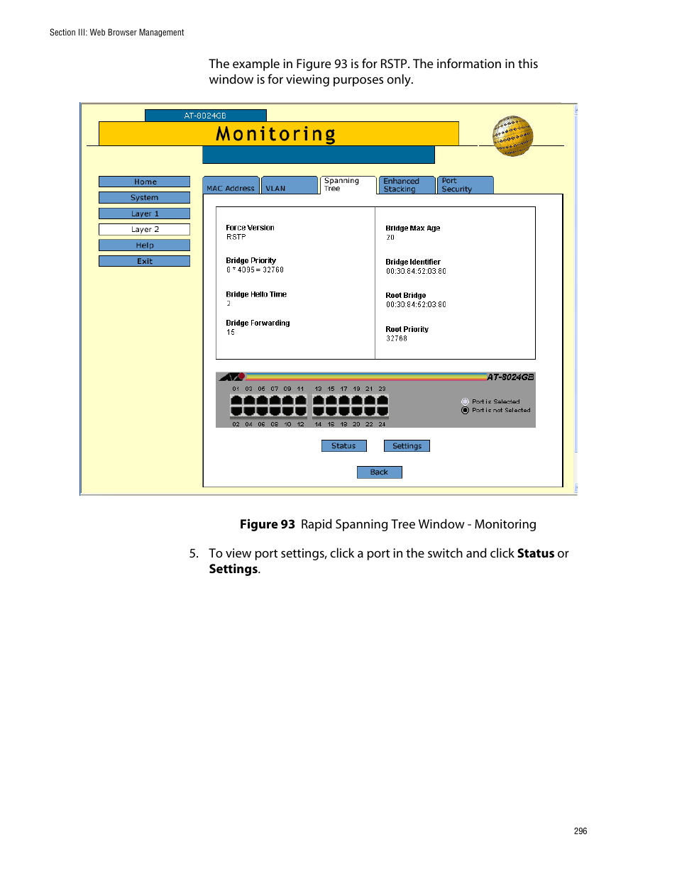 Figure 93: rapid spanning tree window - monitoring | Allied Telesis AT-S39 User Manual | Page 296 / 343