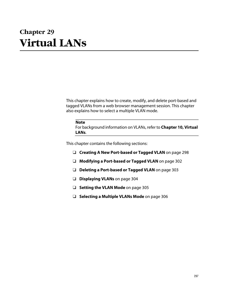 Chapter 29, Virtual lans, Chapter 29 virtual lans | Allied Telesis AT-S39 User Manual | Page 297 / 343