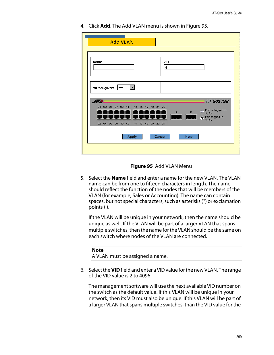 Figure 95: add vlan menu | Allied Telesis AT-S39 User Manual | Page 299 / 343