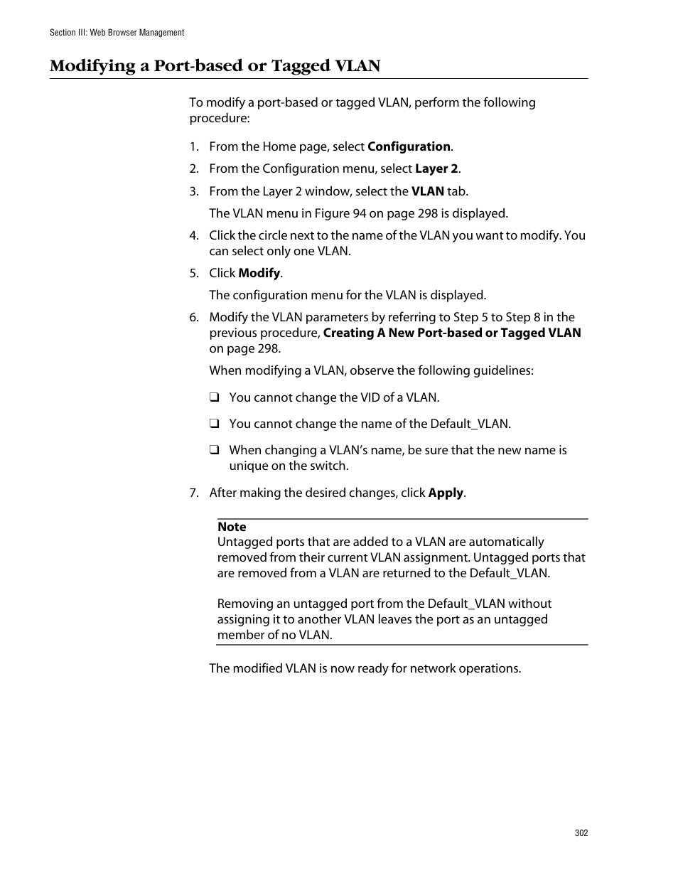 Modifying a port-based or tagged vlan | Allied Telesis AT-S39 User Manual | Page 302 / 343