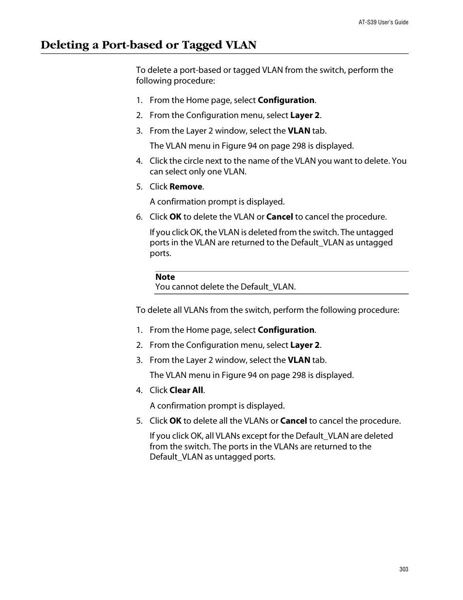 Deleting a port-based or tagged vlan | Allied Telesis AT-S39 User Manual | Page 303 / 343