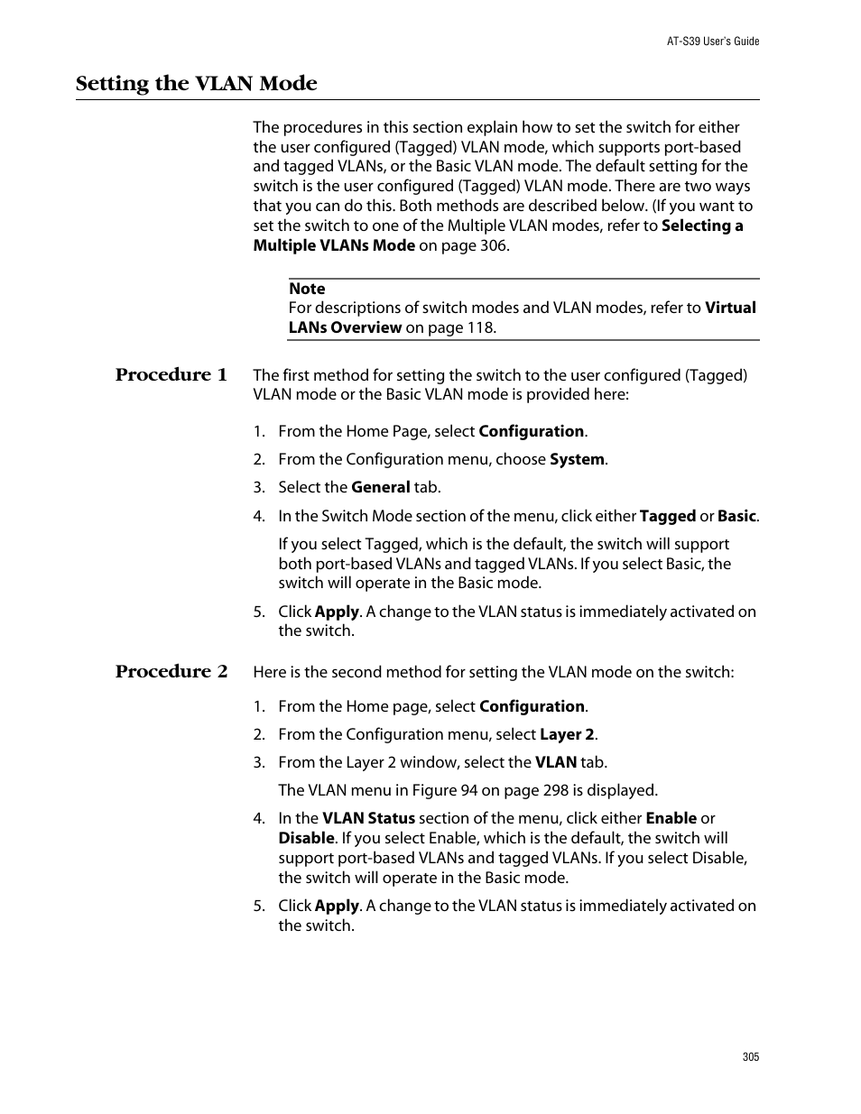 Setting the vlan mode, Procedure 1, Procedure 2 | Procedure 1 procedure 2 | Allied Telesis AT-S39 User Manual | Page 305 / 343