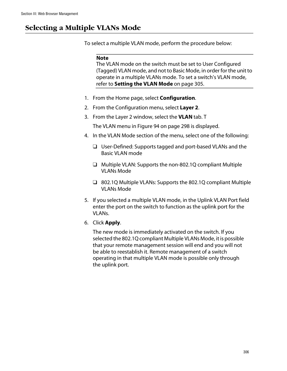 Selecting a multiple vlans mode | Allied Telesis AT-S39 User Manual | Page 306 / 343