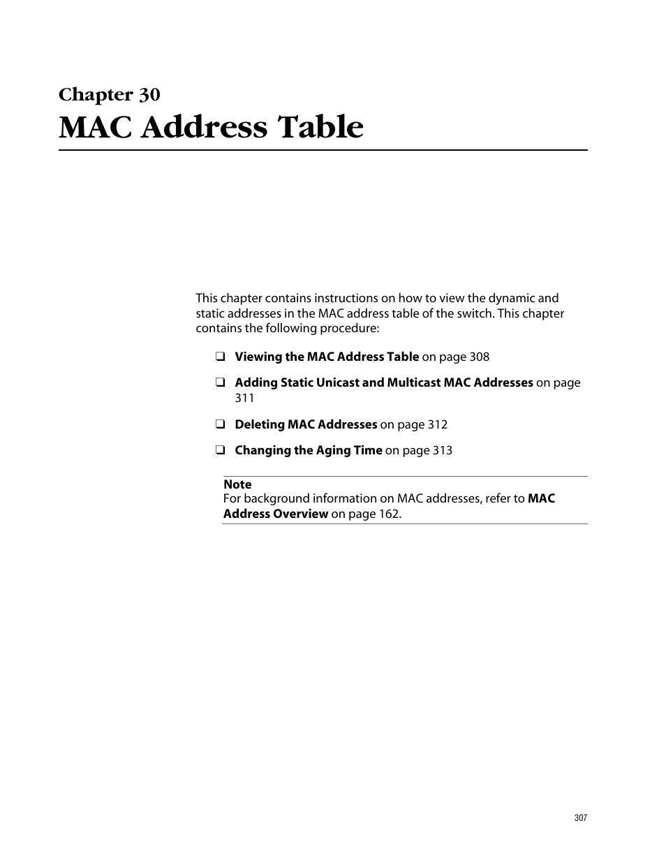 Chapter 30, Mac address table, Chapter 30 mac address table | Allied Telesis AT-S39 User Manual | Page 307 / 343