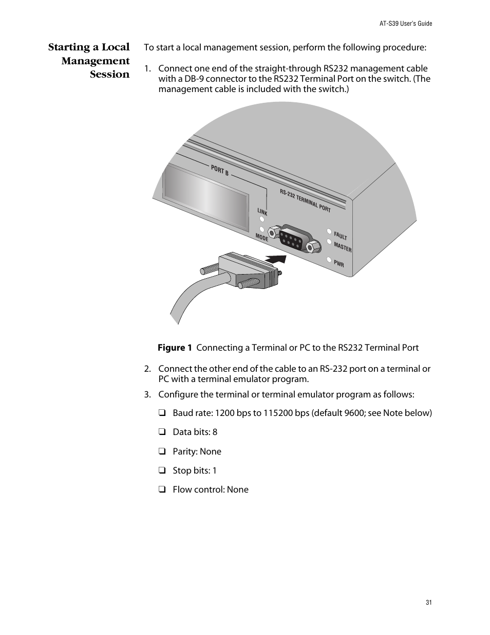 Starting a local management session | Allied Telesis AT-S39 User Manual | Page 31 / 343