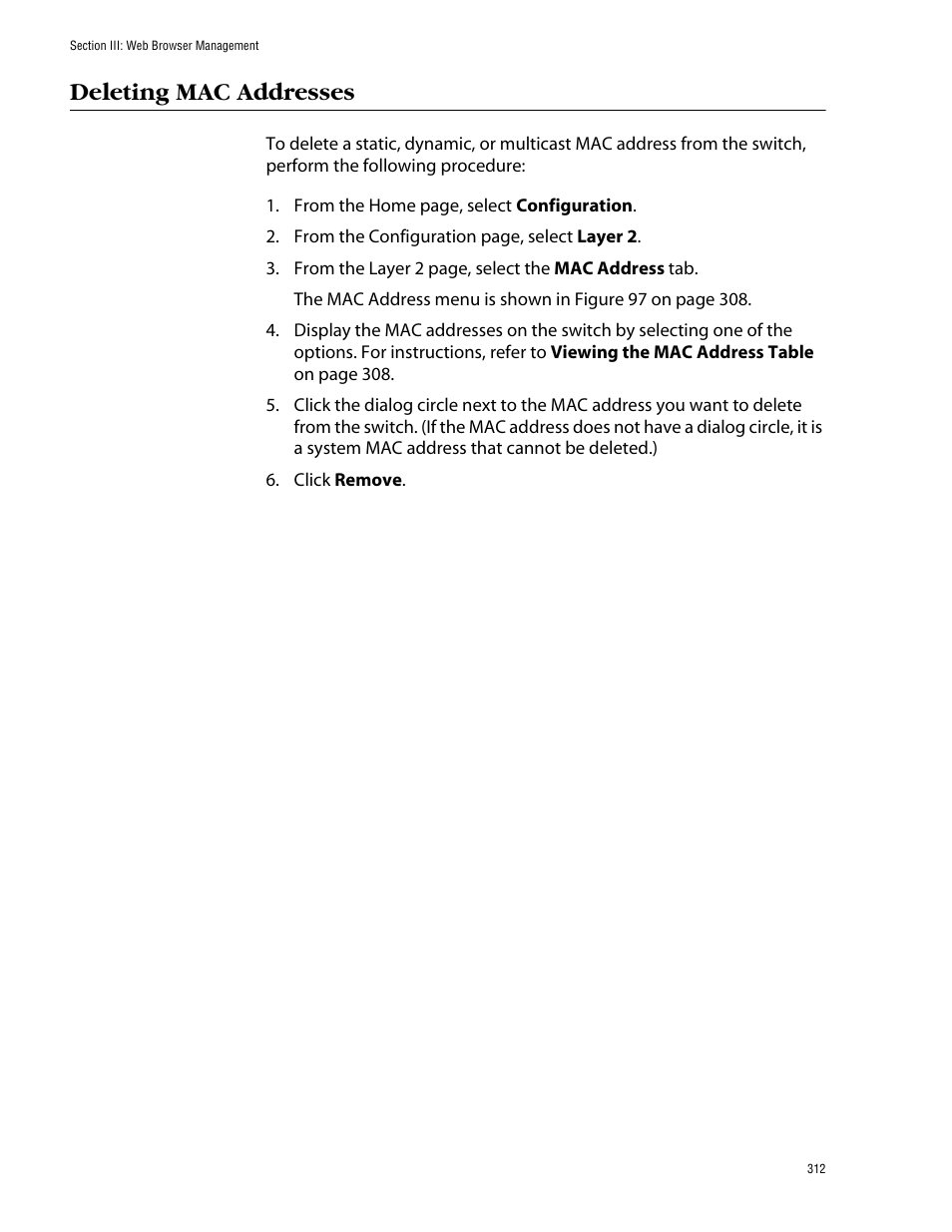 Deleting mac addresses | Allied Telesis AT-S39 User Manual | Page 312 / 343