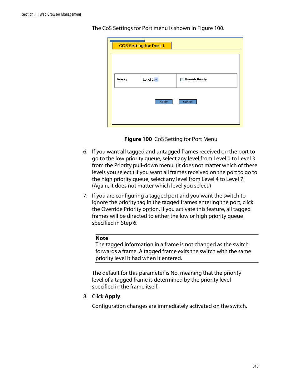 Figure 100: cos setting for port menu | Allied Telesis AT-S39 User Manual | Page 316 / 343