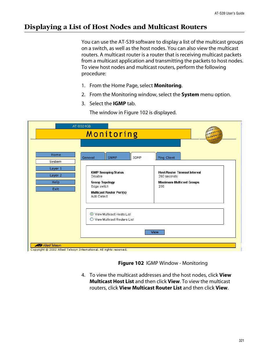 Figure 102: igmp window - monitoring | Allied Telesis AT-S39 User Manual | Page 321 / 343