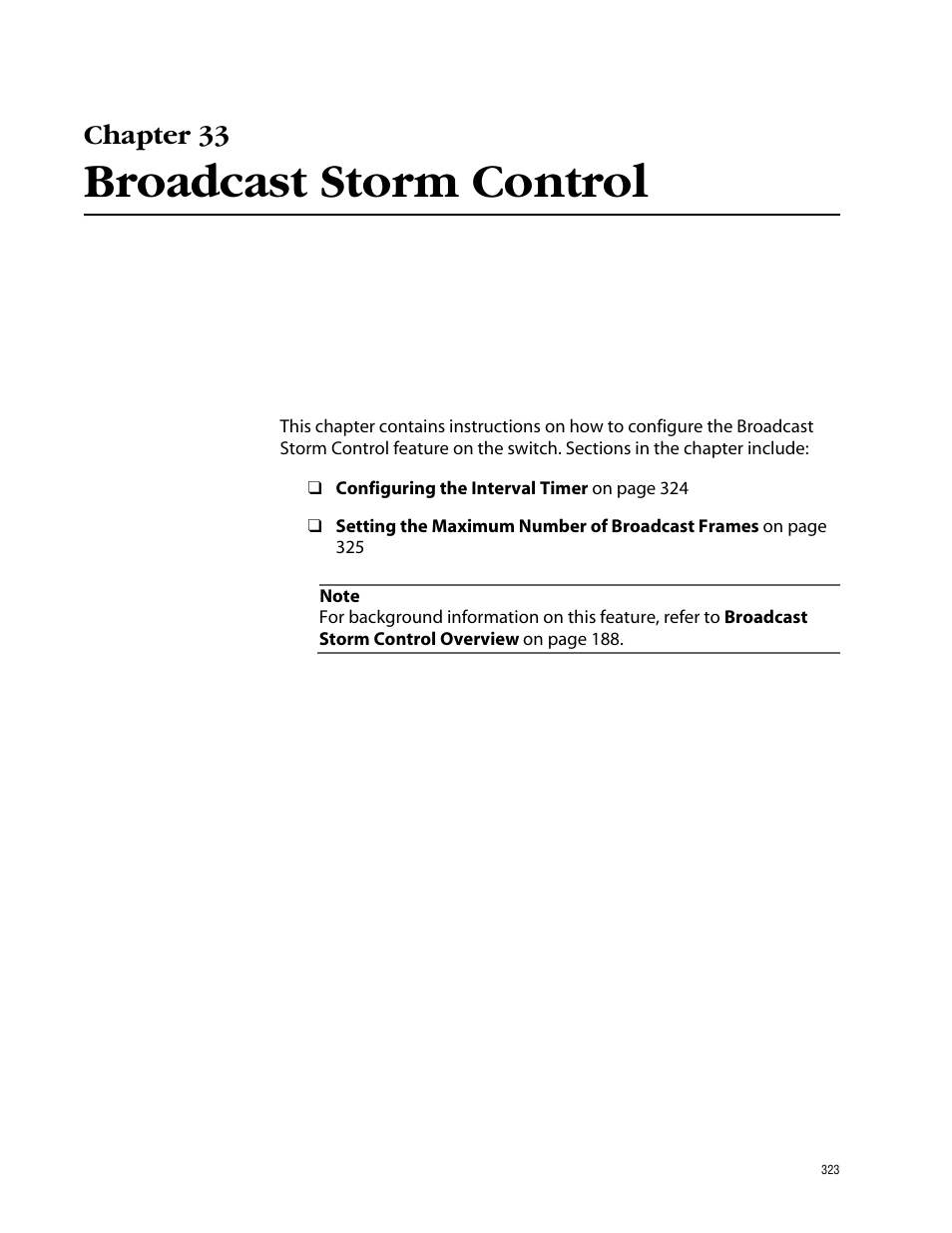 Chapter 33, Broadcast storm control, Chapter 33 broadcast storm control | Allied Telesis AT-S39 User Manual | Page 323 / 343