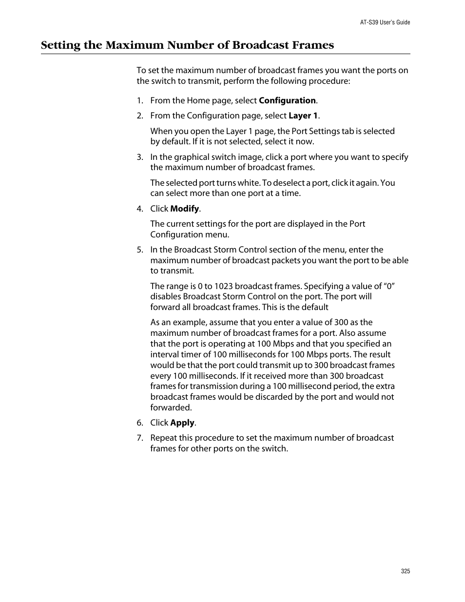 Setting the maximum number of broadcast frames | Allied Telesis AT-S39 User Manual | Page 325 / 343