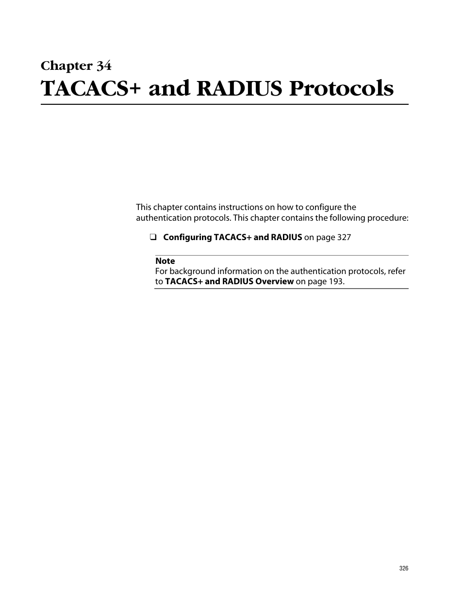 Chapter 34, Tacacs+ and radius protocols, Chapter 34 tacacs+ and radius protocols | Allied Telesis AT-S39 User Manual | Page 326 / 343