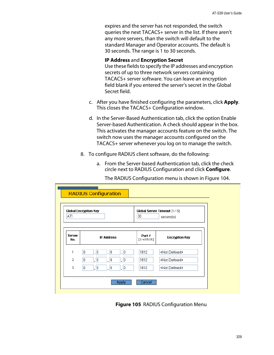 Figure 105: radius configuration menu | Allied Telesis AT-S39 User Manual | Page 329 / 343